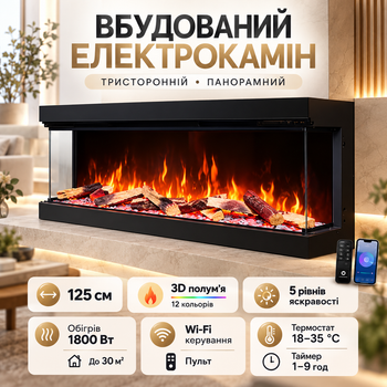 Електрокамін вбудований тристоронній 125 см з 3D-полум’ям, 12 кольорами, Wi-Fi, пультом, термостатом 18–35 °C, таймером 1–9 год та обігрівом 900/1800 Вт до 30 м²
