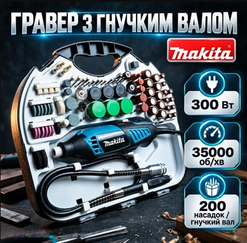 Гравер электрический Makita 220В 300Вт 6000–35000 об/мин 200 насадок Гибкий вал