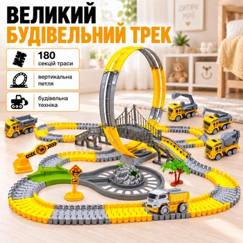 Дитячий конструктор NO.208 «Будівельний трек» з машинками — 180 секцій, вертикальна петля, міст і будівельна техніка