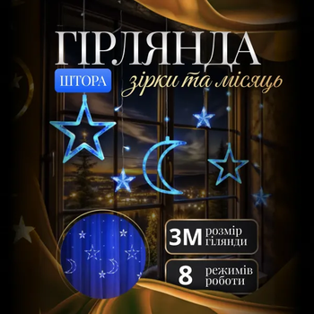 Гірлянда-штора Місяць та зірки розмір 3*0,9 м 12 фігур, синій(WYF11BL)(PR)