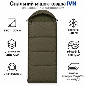 Спальний мішок-ковдра IVN Comfort Max Fleece теплий флісовий 220×80 см з капюшоном, широкий, оливковий IV-500SP