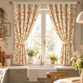 Короткі стильні квіткові штори Льон для кухні Adagio Windows Decor у розмірах 1,4 х1,7м -2шт, щільні бежеві фіранки з підхватами