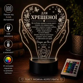 Светильник ночник лампа "Для крестной матери" на подарок крестной от крестника. Светильник с Вашим текстом! (3DP256)