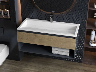 Тумба лакированная, подвесная Luxor Bianko 100 Дуб, с умывальником Loft Low 100