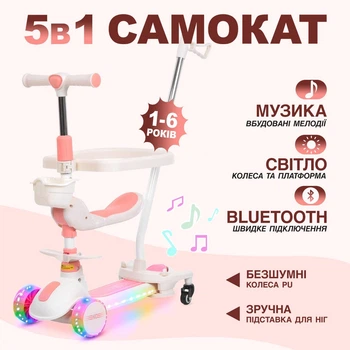 Дитячий самокат з сидінням батьківською ручкою та бортиками 5 в 1 JR3-167-5-P РОЖЕВИЙ триколісний трансформер з музикою