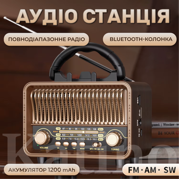 Радіоприймач портативний Коричневий Bluetooth 5.4 FM/AM/SW, USB/TF Акумуляторний з підставкою для телефону (20016)