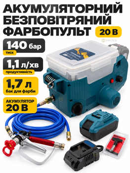 Акумуляторний безповітряний фарбопульт 20 В 140 бар 1,1 л/хв, бак 1,7 л, сопло 517, АКБ 8 Аг, зарядний пристрій, для стін, фасадів і деревини