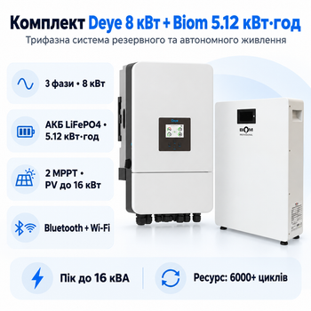 Комплект автономного енергопостачання Deye SUN-8K-SG05LP3-EU 8 кВт 3 фази + Biom BALFP-512100-V1 5.12 кВт·год LiFePO4
