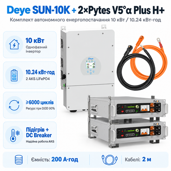 Комплект автономного енергопостачання Deye SUN-10K-SG02LP1-EU-AM3 10 кВт + Pytes V5°α Plus H+ 2 шт 5.12 кВт·год LiFePO4