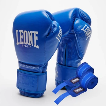 Боксерские перчатки Leone натуральная кожа 10 унций с бинтами 4 м.