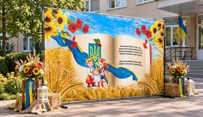 Баннер для фотозоны патриотический PHOTODECOR «Книга с гимном Украины, пшеницей и флагом 2» 1 кв.м