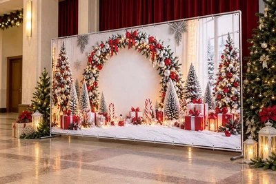 Баннер для фотозоны новогодний PHOTODECOR «Різдвяна арка з шарами, подарки та ёлки» 1 кв.м