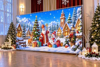 Баннер для фотозоны новогодний PHOTODECOR «Святой Николай з оленем, снеговик і подарки на тлі засніжено» 1 кв.м