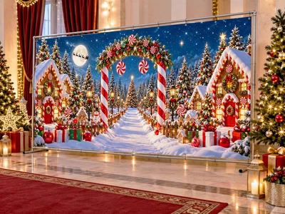 Баннер для фотозоны новогодний PHOTODECOR «Пряничный городок с леденцами» 1 кв.м