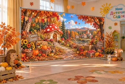 Баннер для фотозоны осенний PHOTODECOR «Осенняя ярмарка у грибного домика» 1 кв.м