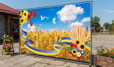 Баннер для фотозоны патриотический PHOTODECOR «Пшеничное поле, патриотическая лента и подсолнухи» 1 кв.м