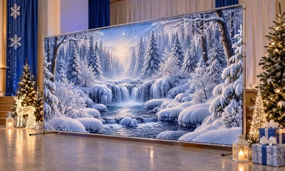 Баннер для фотозоны новогодний PHOTODECOR «Зимовий зимний лес із гірською річкою, крижаними брилами та я» 1 кв.м