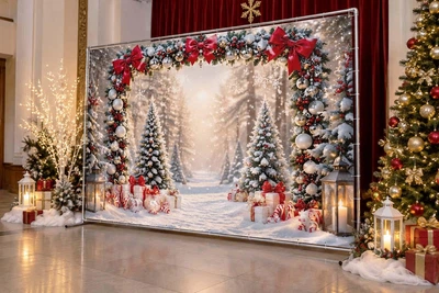 Баннер для фотозоны новогодний PHOTODECOR «Заснеженная арка с красными бантами» 1 кв.м