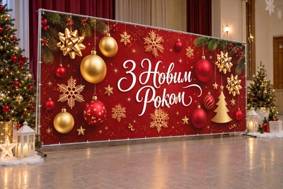 Баннер для фотозоны новогодний PHOTODECOR «Червоний фон з написом С Новым годом, золотыми та красными ку» 1 кв.м