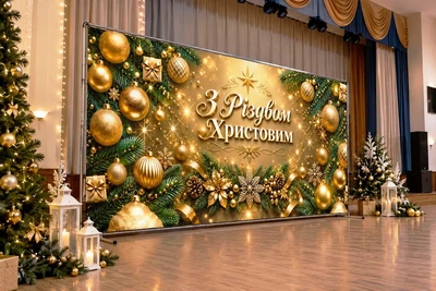 Баннер для фотозоны новогодний PHOTODECOR «С Рождеством Христовым у золотистих тонах з ялиновими гілками, ку» 1 кв.м