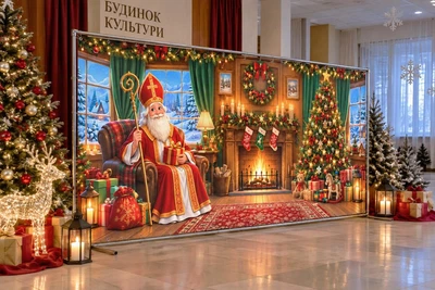 Баннер для фотозоны новогодний PHOTODECOR «Святой Николай у затишній святковій кімнаті з ёлкой та камин» 1 кв.м