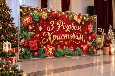 Баннер для фотозоны новогодний PHOTODECOR «Червоний фон з написом С Рождеством Христовым, подарками та яли» 1 кв.м