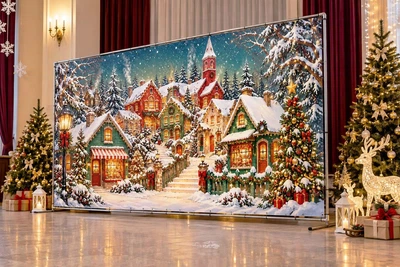 Баннер для фотозоны новогодний PHOTODECOR «зимнее городок з ёлкой та затишними будинками» 1 кв.м