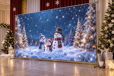 Баннер для фотозоны новогодний PHOTODECOR «Сім'я снеговиків у шарфах і шапках серед засніженого нічного л» 1 кв.м