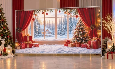Баннер для фотозоны новогодний PHOTODECOR «Окно с красными шторами и ёлкой» 1 кв.м