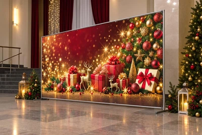 Баннер для фотозоны новогодний PHOTODECOR «Золотисте сяйво, святкові подарки та олені на червоному фоні» 1 кв.м