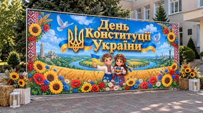 Баннер для фотозоны патриотический PHOTODECOR «День Конституции Украины с детьми и Трезубцем» 1 кв.м