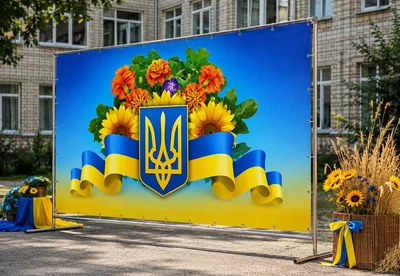 Баннер для фотозоны патриотический PHOTODECOR «Герб Украины и цветы» 1 кв.м