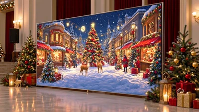 Баннер для фотозоны новогодний PHOTODECOR «Святкове засніжене городок з ёлкой, оленями та різдвяними л» 1 кв.м