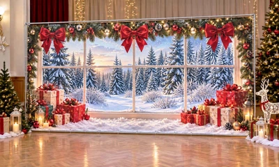 Баннер для фотозоны новогодний PHOTODECOR «Красные банты у зимнего окна» 1 кв.м