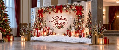 Баннер для фотозоны новогодний PHOTODECOR «Напис С Новым годом, красные банти, ёлки та подарки» 1 кв.м