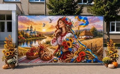 Баннер для фотозоны патриотический PHOTODECOR «Украина с девушкой в вышиванке» 1 кв.м