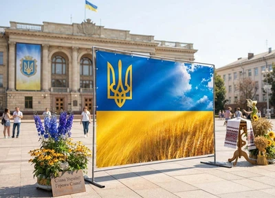 Баннер для фотозоны патриотический PHOTODECOR «Флаг Украины с 3D Трезубцем» 1 кв.м