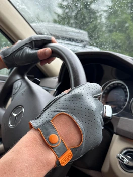 Чоловічі шкіряні автомобільні рукавички Fiorgini Premium fingerless Розмір 9 (L) Cірий колір шкіри з помаранчевим акцентом (22171)