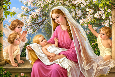 Алмазная мозаика ColorArt 40x60 Дева Мария с Иисусом в яблоневом саду + голограммные алмазики SV1502