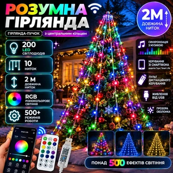 Розумна гірлянда Smart RGB 200 LED з кільцем та 10 нитками по 2 м, Новорічна світлодіодна гірлянда від USB з керуванням через смартфон і пульт, синхронізацією з музикою та 500+ режимами світіння, Різнокольоровий