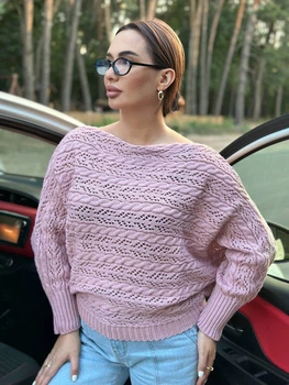 Жіночий вʼязаний ажурний светр AMMI, колір Пудра розмір One Size