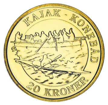 Монета Дания 20 крон 2010 AU-UNC Корабли - Каяк-Умиак