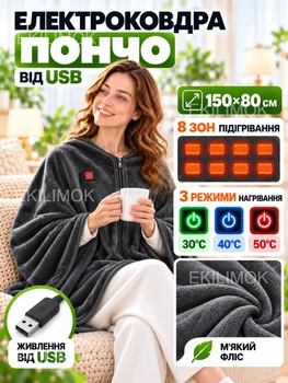 Плед пончо с подогревом от USB или повербанка 150х80 см теплая электрическая плед-пончо накидка с тремя режимами нагрева для дома, офиса, автомобиля и путешествий, флисовая