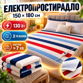 Электропростынь с подогревом 150х180 см 130 Вт двуспальная с регулятором температуры 2 режима цветные полосы