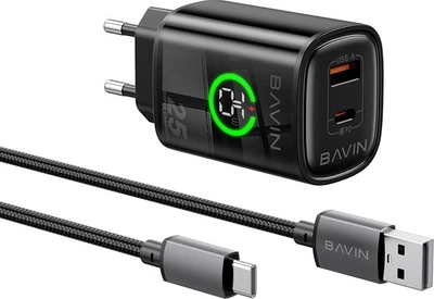 Комплект Зарядное устройство Bavin PC2196Y-С 25W 2U+C + кабель Type-C - USB-A 18W Black (C-PC2196Y-C BK)