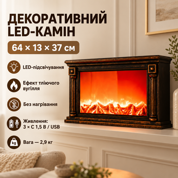 Декоративний камін LED Світлодіодний камін з імітацією полум’я тліючого вугілля підсвіткою 64х13х37 см на батарейках USB для інтер’єру бронзовий