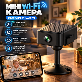 Мини Wi-Fi камера Nanny CAM с датчиком движения, ночным видением, записью в облако, уведомлениями и аккумулятором