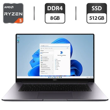 Ноубук Huawei MateBook D15 / 15.6" (1920x1080) IPS / AMD Ryzen 5 5500U (6 (12) ядер по 2.1 - 4.0 GHz) / 8 GB DDR4 / 512 GB SSD M.2 / AMD Radeon Graphics / WebCam / Windows 11 Home б/у