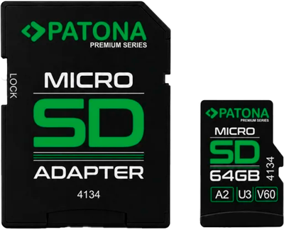 Карта памяти PATONA Premium microSDXC Class 10 U3 V60 64GB + SD-adapter (4055655265836)