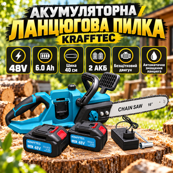 Безщіткова електропила Krafftec 48V/6Ah Акумуляторна ланцюгова пилка з автоматичним змащенням Електрична пила для дачі 40 см